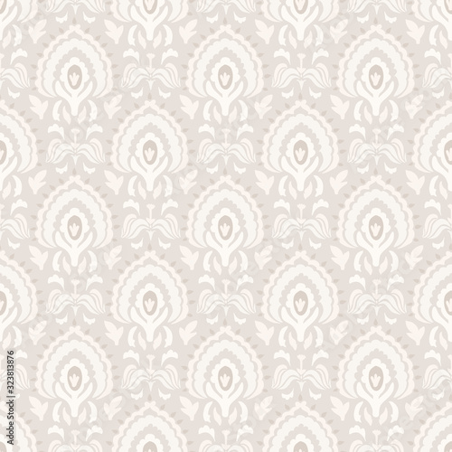 Seamless medallion pattern in french cream linen shabby chic style. Hand drawn floral damask texture. Old white blue background. Interior wallpaper home decor swatch. Ornate flourish all over print