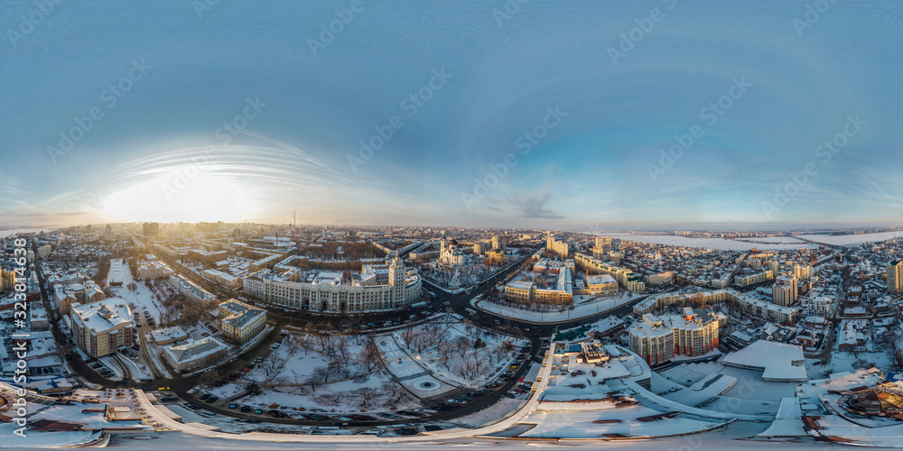 Panoramic 360 degree aerial drone view of evening winter Voronezh downtown cityscape - obrazy, fototapety, plakaty 