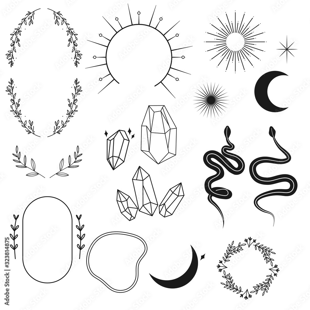 Set of elements for logo. Minimal black and white floral frames, sun, moon,  star, crystals, snakes. Templates for logo, tattoo. Minimal design elements  Stock Vector | Adobe Stock