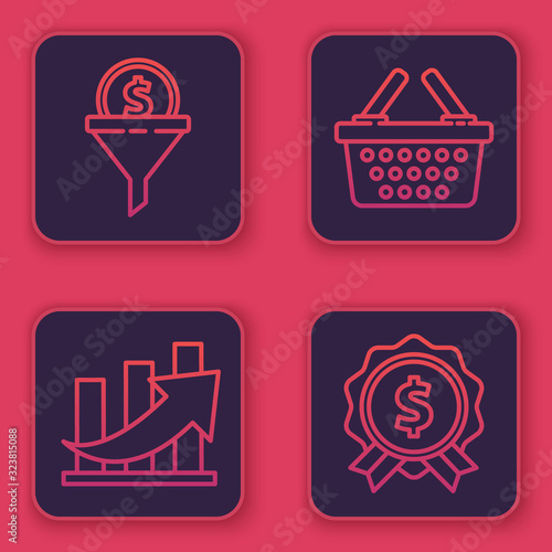 Set line Lead management, Financial growth and coin, Shopping basket and Price tag with dollar. Blue square button. Vector