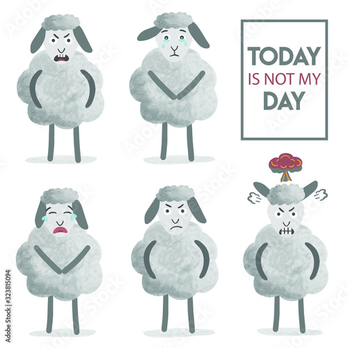 Set of cute sheep characters with different emotions of anger in different poses. Vector illustration on a white background. 