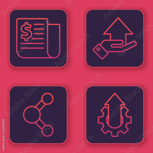 Set line Financial news, Share, Money on hand and Arrow growth gear business. Blue square button. Vector