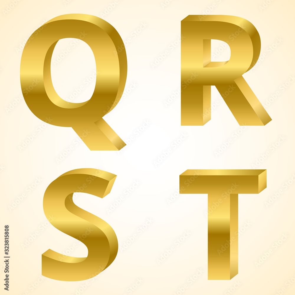 Letters Q to T color gold 3D style. Letters Q to T color gold 3D style.