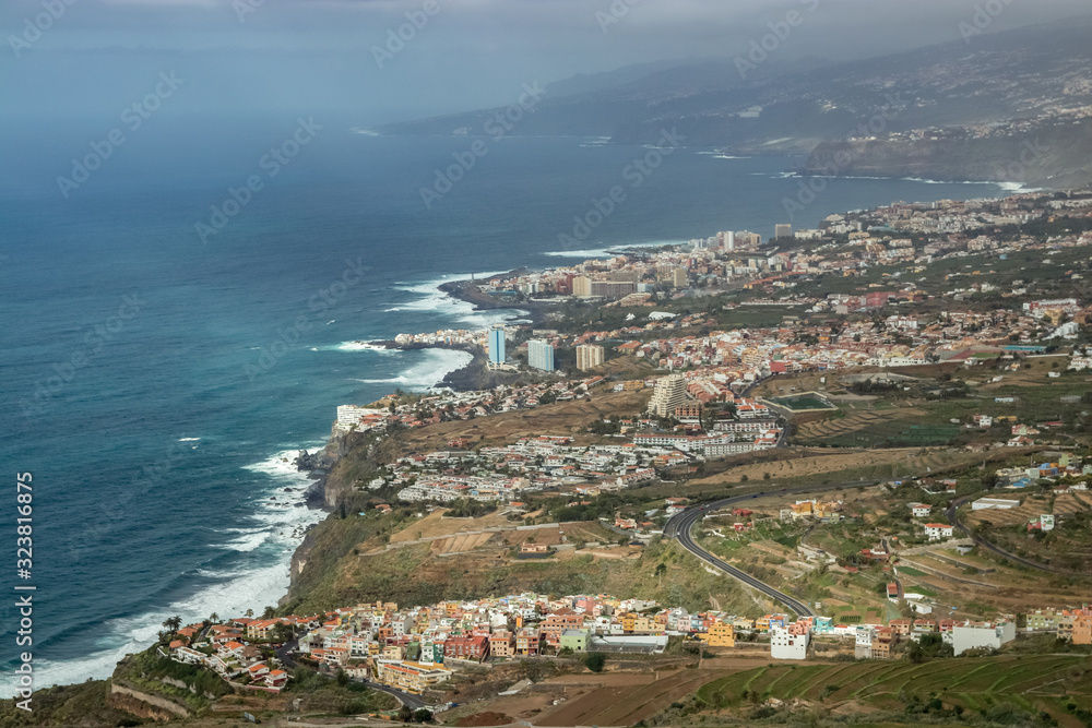 This panoramic photograph, taken at a Mirador de El Lance, shows the north coast of Tenerife and the Orotava Valley. Tenerife, Canary Islands
