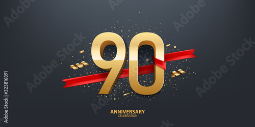90th Year anniversary celebration background. 3D Golden number wrapped with red ribbon and confetti on black background.