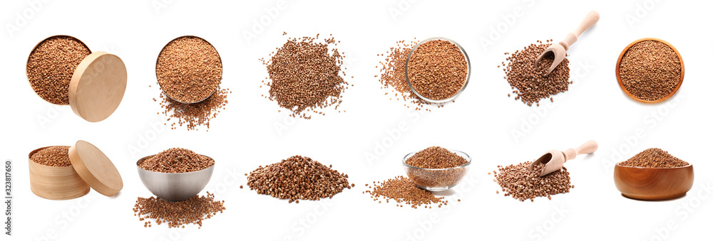 Collage with raw buckwheat on white background Collage with raw buckwheat on white background