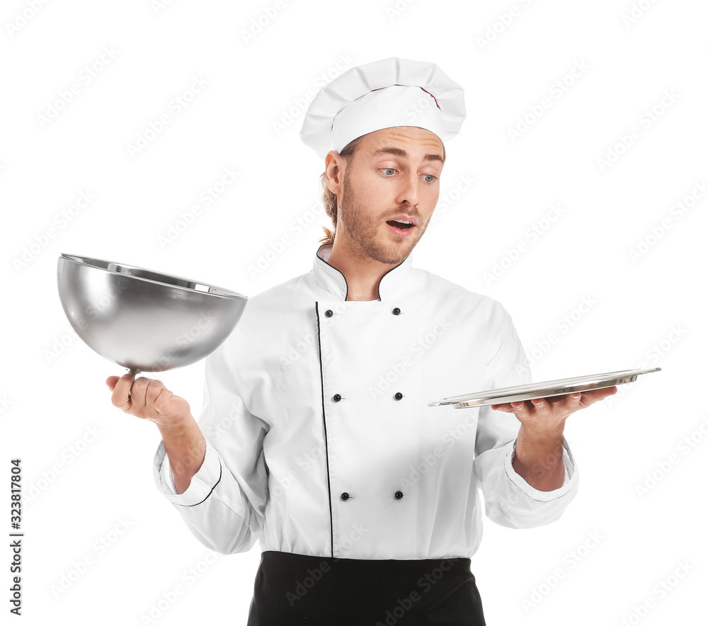 Shocked male chef with tray and cloche on white background Shocked male chef with tray and cloche on white background