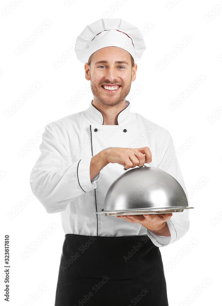 Handsome male chef with tray and cloche on white background Handsome male chef with tray and cloche on white background