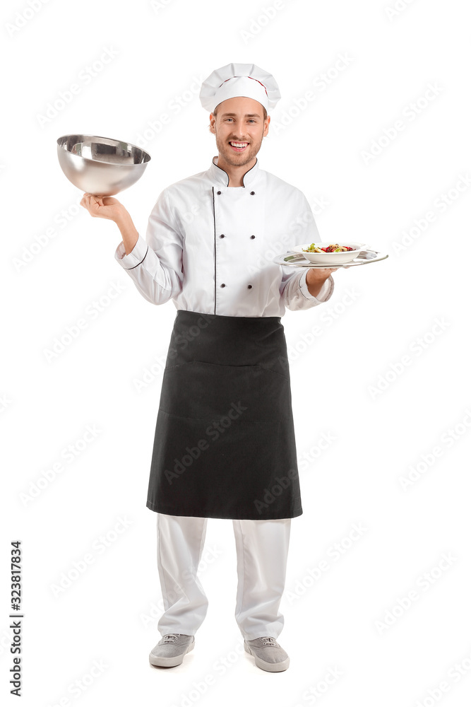 Happy male chef with prepared dish on white background Happy male chef with prepared dish on white background