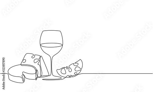 A glass of wine and a bunch of grapes. Drawing by a continuous line. Vine and cheese