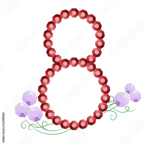 Vector women's day card decoration. poster for women's day with the number 8 of rhinestones or rubies for decorating postcards for March 8