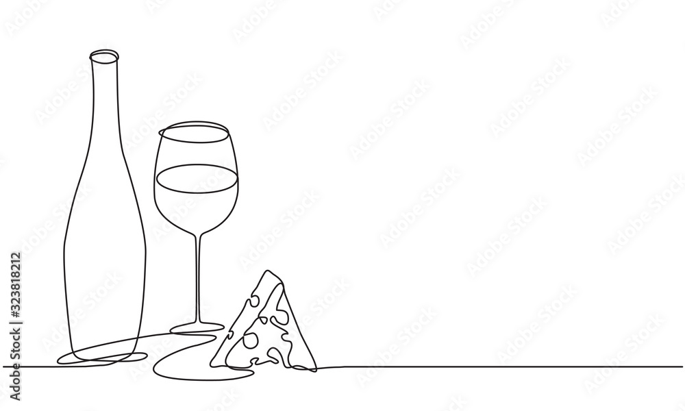 Wine glass and bottle of wine. Vector. Continuous line drawing. Vine