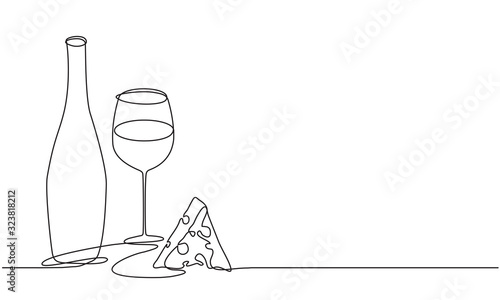 Wine glass and bottle of wine. Vector. Continuous line drawing. Vine and cheese