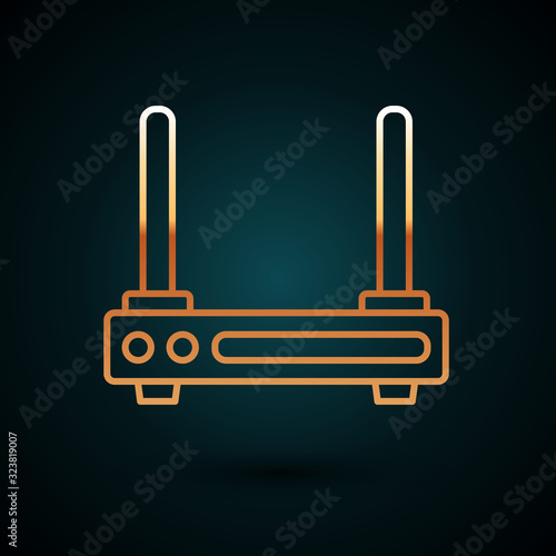 Gold line Router and wi-fi signal symbol icon isolated on dark blue background. Wireless ethernet modem router. Computer technology internet. Vector Illustration