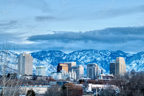 Winter Salt Lake City Skyline taken at Blue Hour photo