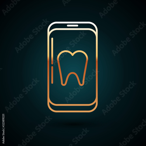 Gold line Online dental care icon isolated on dark blue background. Dental service information call center. Vector Illustration