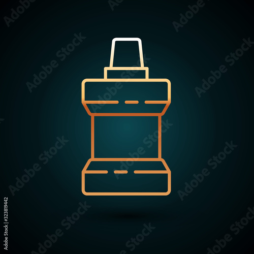 Gold line Mouthwash plastic bottle icon isolated on dark blue background. Liquid for rinsing mouth. Oralcare equipment. Vector Illustration