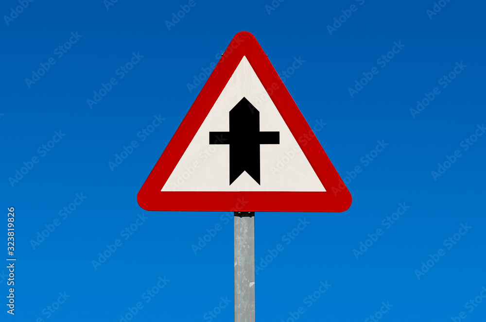 Road sign Warning sign, European traffic regulations, intersection with priority Road sign Warning sign, European traffic regulations, intersection with priority