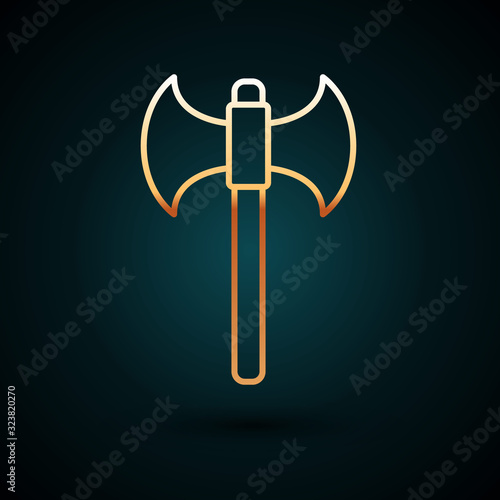Gold line Medieval axe icon isolated on dark blue background. Battle axe, executioner axe. Vector Illustration