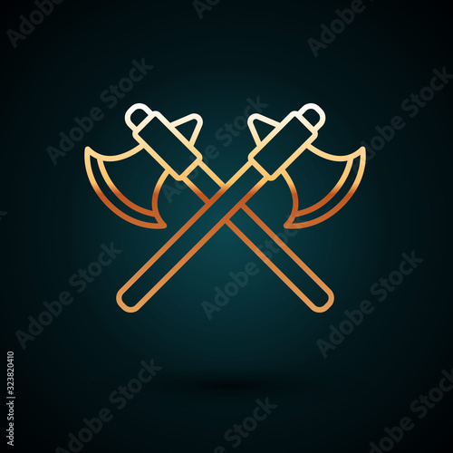 Gold line Crossed medieval axes icon isolated on dark blue background. Battle axe, executioner axe. Vector Illustration