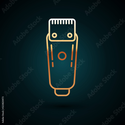 Gold line Electrical hair clipper or shaver icon isolated on dark blue background. Barbershop symbol. Vector Illustration