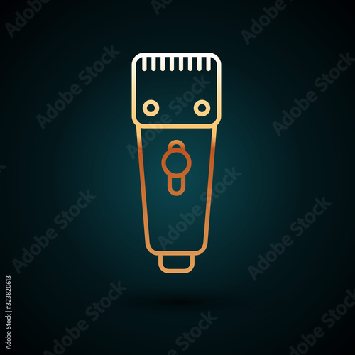 Gold line Electrical hair clipper or shaver icon isolated on dark blue background. Barbershop symbol. Vector Illustration
