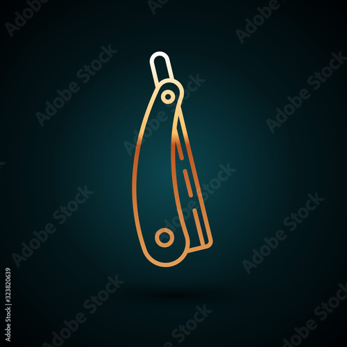 Gold line Straight razor icon isolated on dark blue background. Barbershop symbol. Vector Illustration
