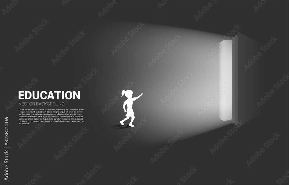 Silhouette of running girl point to light from open book. Concept of education solution. world of knowledge. Silhouette of running girl point to light from open book. Concept of education solution. world of knowledge.