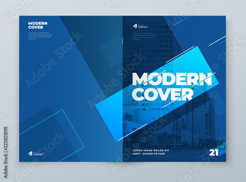 Brochure Template Layout Design. Blue Corporate Business Brochure, Annual Report, Catalog, Magazine, Flyer Mockup. Creative Modern Bright Concept with Line Shapes. Vector