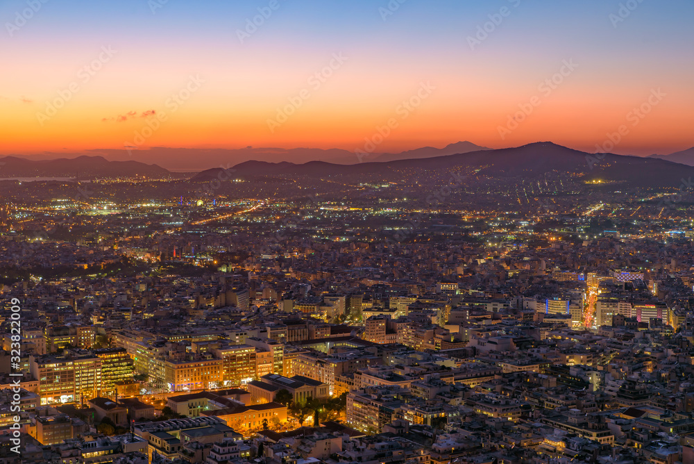 Panoramic view of Athens city from Lykavittos Hill at sunset time