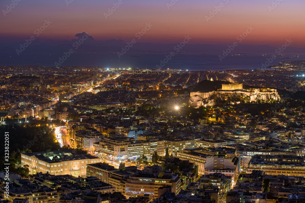 Panoramic view of Athens city from Lykavittos Hill at sunset time