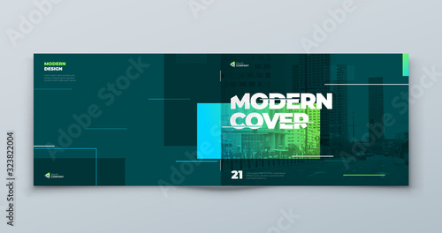 Horizontal Brochure Template Layout Design. Landscape Corporate Business Annual Report, Catalog, Magazine, Flyer Mockup. Creative Modern Bright Concept with Linw Shapes. Vector