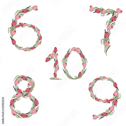 Floral numbers, hand-drawn vector numbers decorated with a botanical pattern.