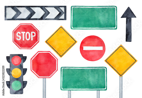 Watercolour illustration pack of various road signs, traffic lights and directional arrows. Hand painted water color sketchy drawing on white background, colorful clipart elements for creative design.