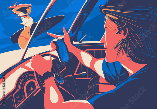 Spring break featuring a man driving in the vintage car says greeting to female surfer