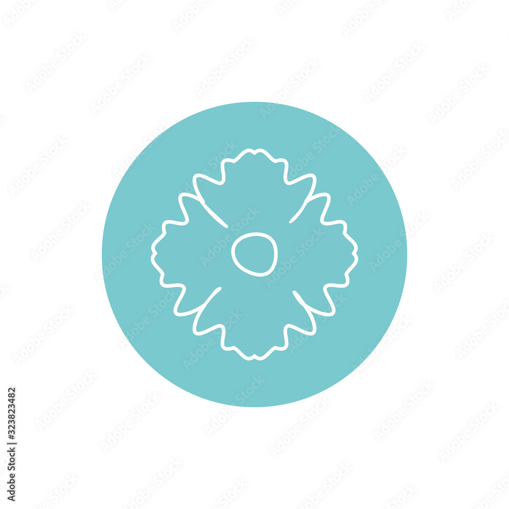 Flower inside blue circle line block style icon set vector design