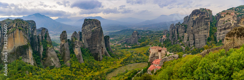 Panorama of the landscape of monastery and rock formation in Meteora, Greece