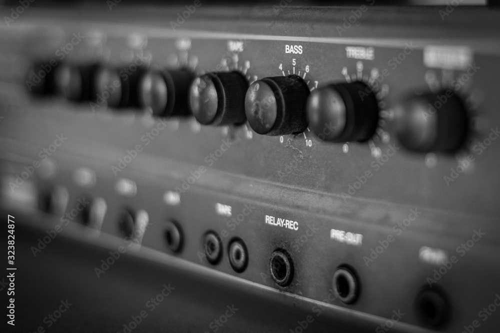Selective focus of black and white  Old amplifier Close up