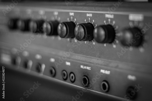 Selective focus of black and white Old amplifier Close up