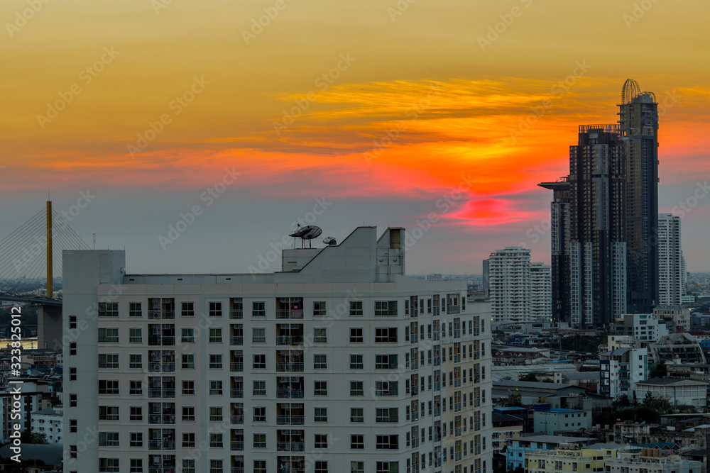 The abstract background of the evening sky and the surrounding buildings, showing the distribution of housing in the capital The abstract background of the evening sky and the surrounding buildings, showing the distribution of housing in the capital