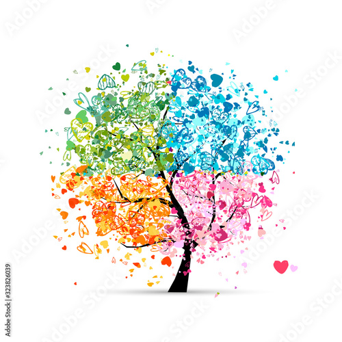 Four seasons - spring, summer, autumn, winter. Art tree made from hearts for your design