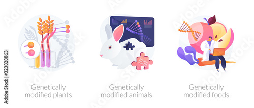 Gene modification, genetic engineering. Genetically modified plants, genetically modified animals, genetically modified foods metaphors. Vector isolated concept metaphor illustrations.