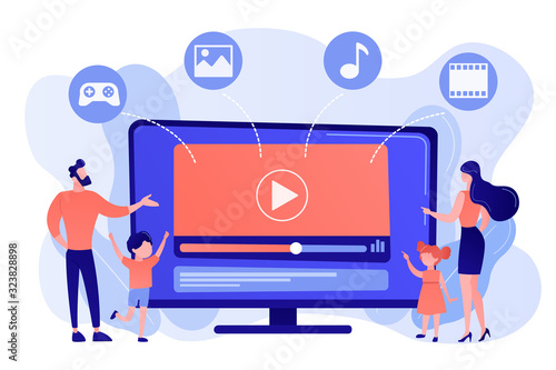 Tiny people family with kids watching smart television content. Smart TV content, smart TV interactive show, high resolution content concept. Pinkish coral bluevector isolated illustration