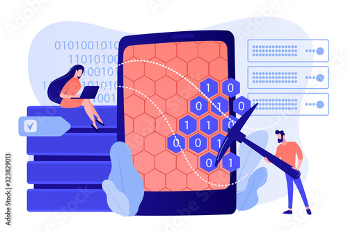 Tiny people, scientists at tablet with pickaxe mining. Data mining, data warehouse sourcing, data collecting techniques concept. Pinkish coral bluevector isolated illustration