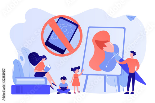 Tiny people parents paint and read books with children and no smartphone sign. Low tech parenting, tech-free kids, low media child concept. Pinkish coral bluevector isolated illustration