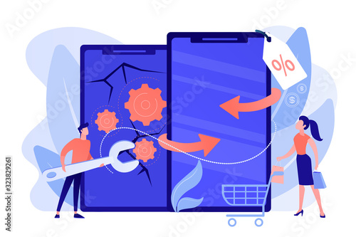 Used gadgets sale, special offer for clients. Refurbished device, certified refurbished products, purchasing of repaired electronics concept. Pinkish coral bluevector isolated illustration