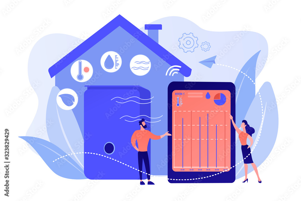 Vecteur Stock Home automation system, domotics. Air quality monitor, smart  home detectors, air filtering system, improve the quality of air concept.  Pinkish coral bluevector isolated illustration | Adobe Stock