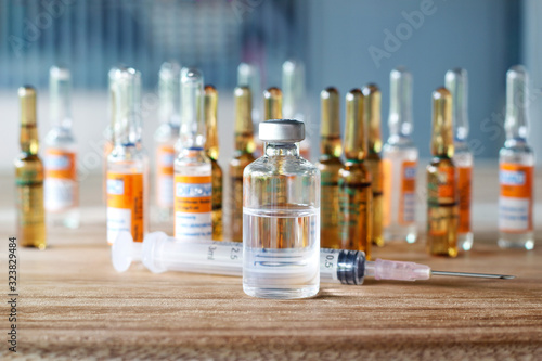 Medicine concept, Glass bottles with liquid medicine and dose of serum, insulin, Healthcare and medical.