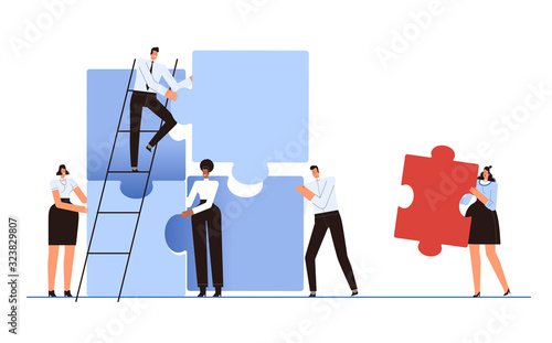 A woman with the wrong piece of the puzzle. The concept of successful teamwork. Colleagues reject the employee. Break away from the team