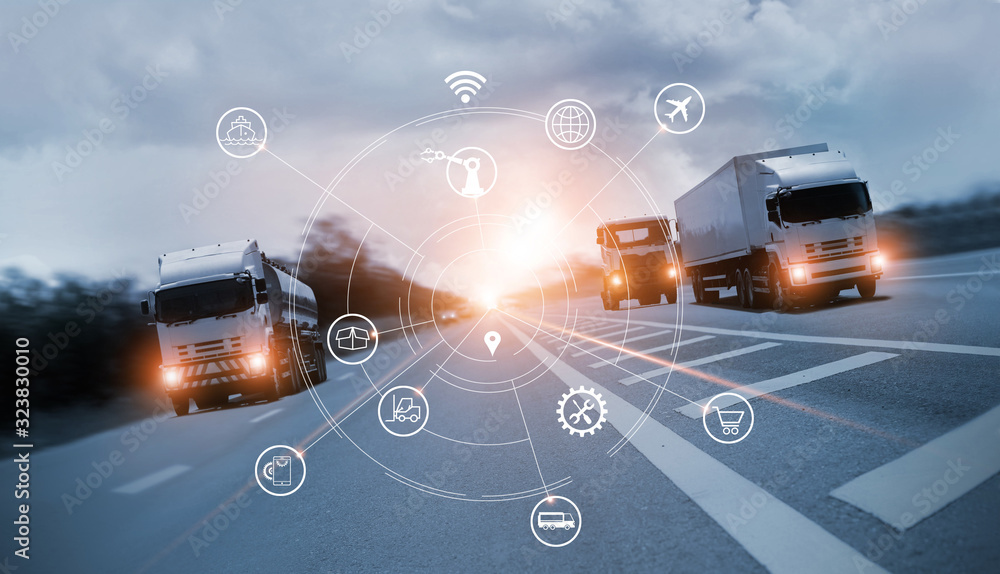 © ipopba - Transportation and Logistics, Truck on motorway and industrial container cargo with icon of network distribution on blue background.